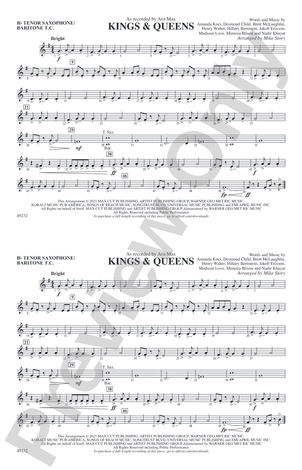 Kings & Queens: Bb Tenor Saxophone/Bartione Treble Clef