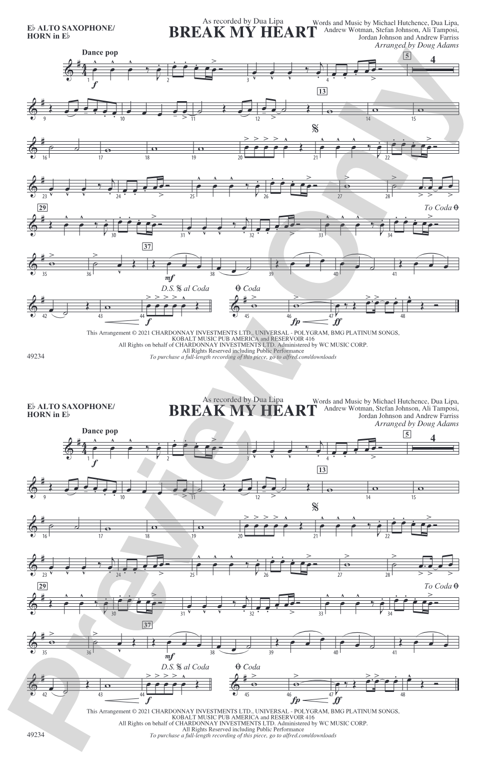 Break My Heart: E-flat Alto Saxophone