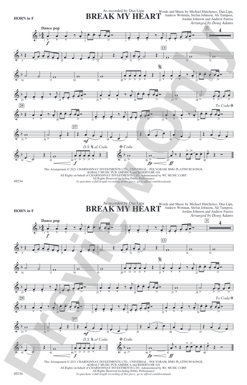 Break My Heart: 1st F Horn
