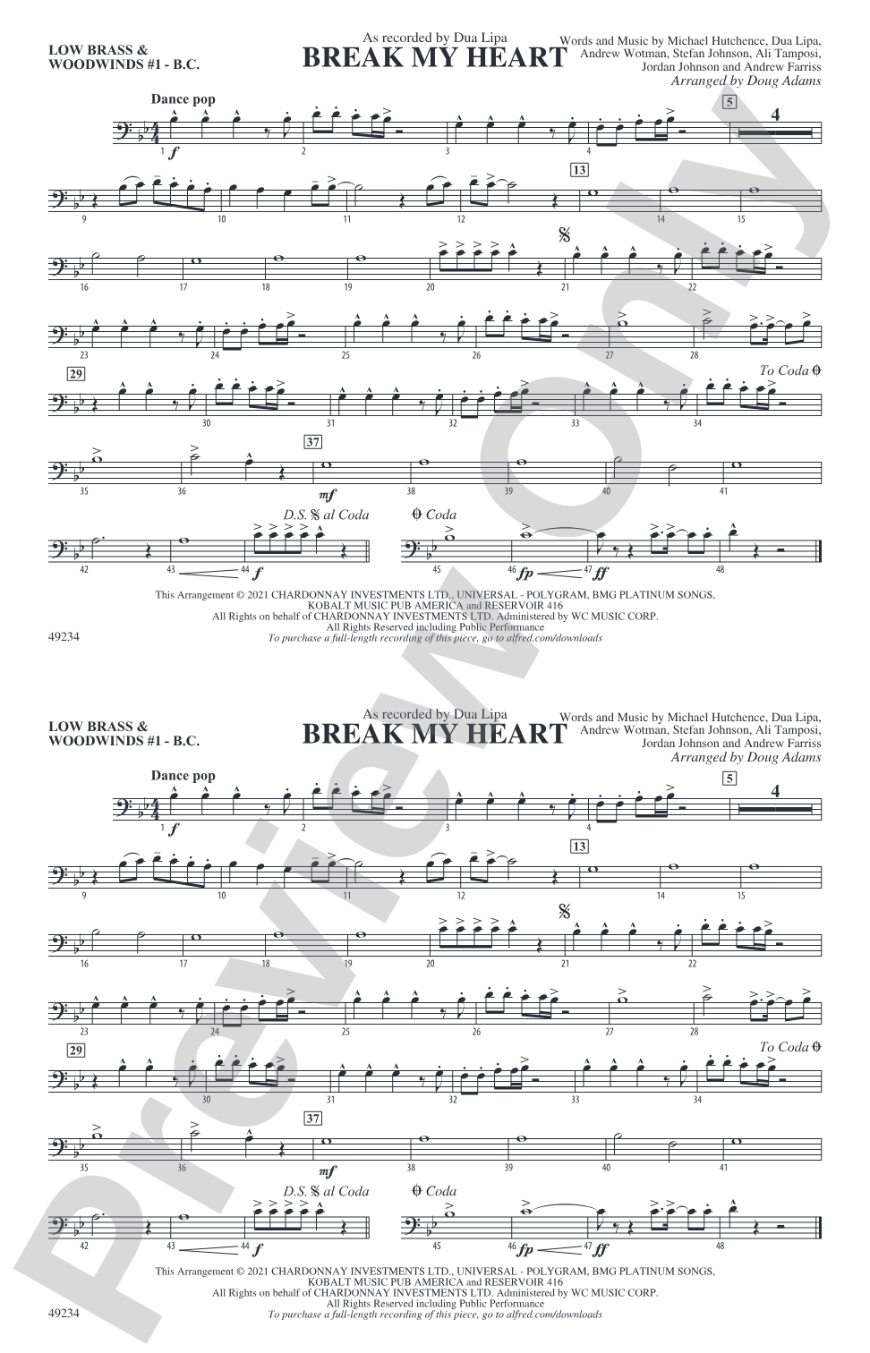 Break My Heart: Low Brass & Woodwinds #1 - Bass Clef
