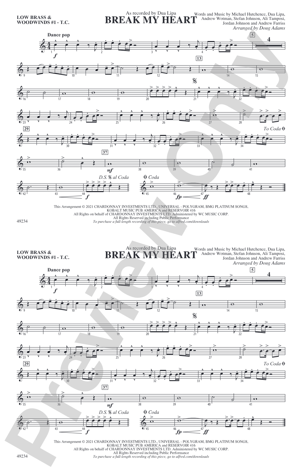 Break My Heart: Low Brass & Woodwinds #1 - Treble Clef