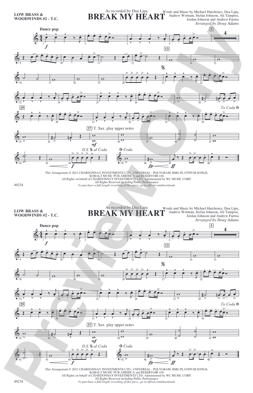 Break My Heart: Low Brass & Woodwinds #2 - Treble Clef