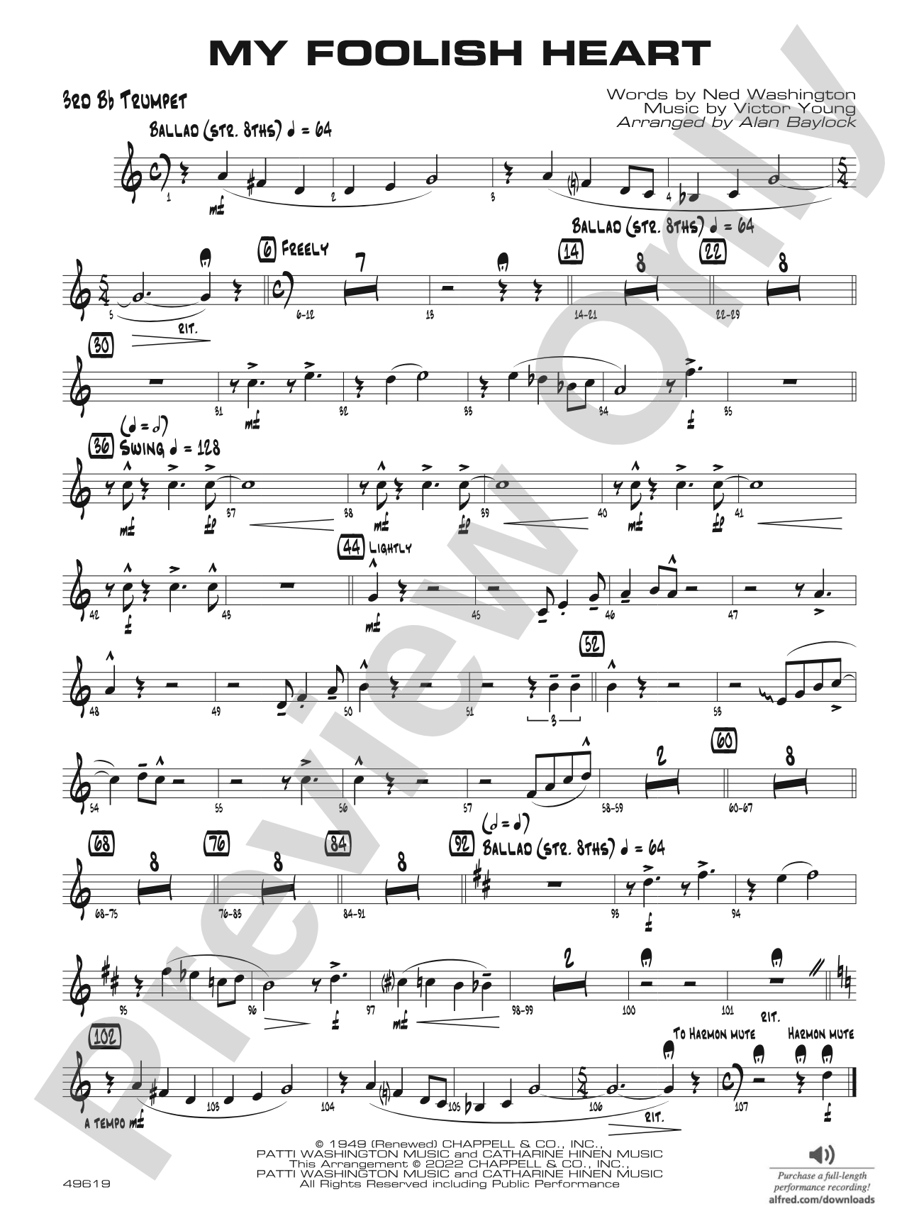 My Foolish Heart: 3rd B-flat Trumpet