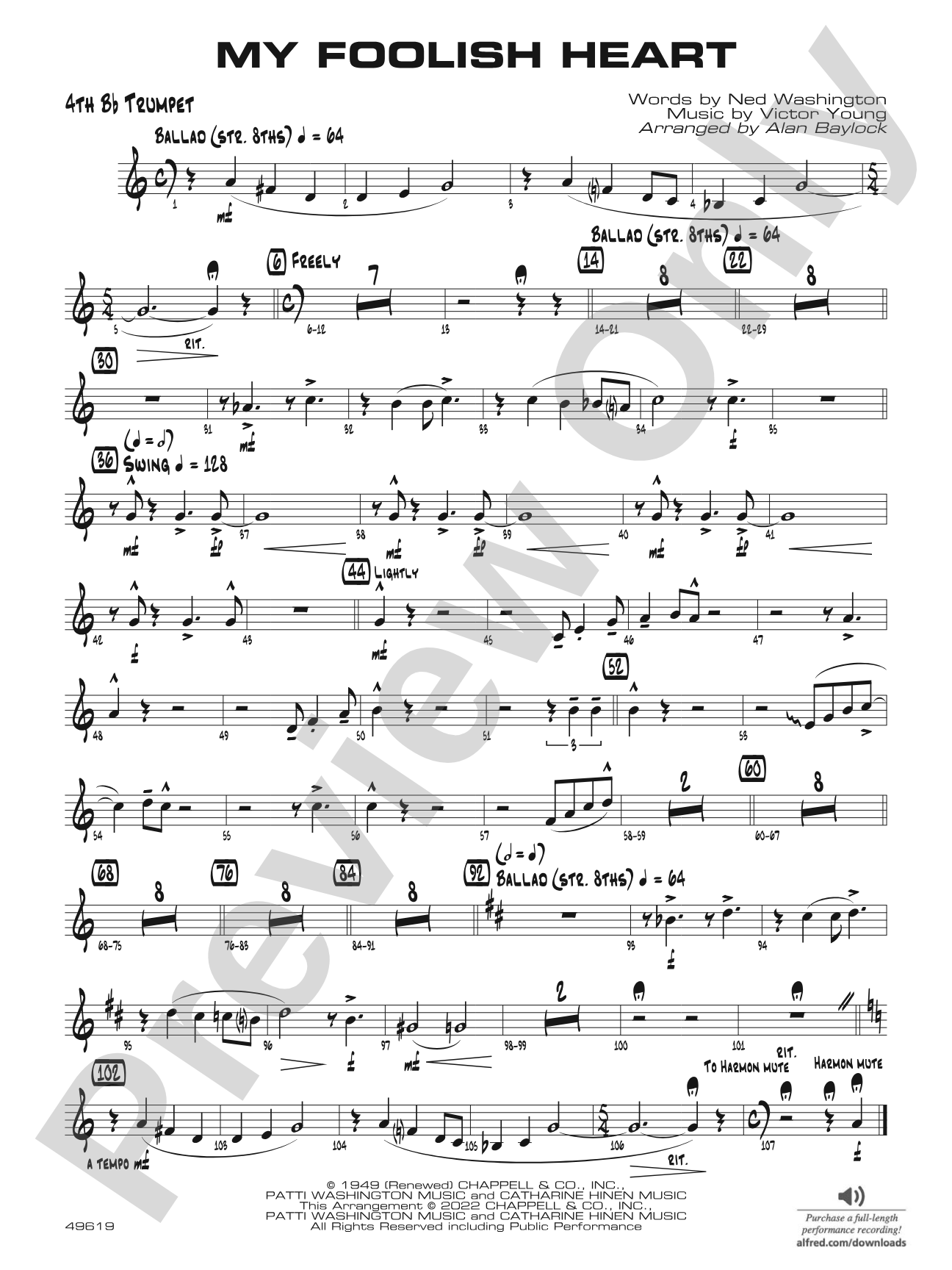 My Foolish Heart: 4th B-flat Trumpet