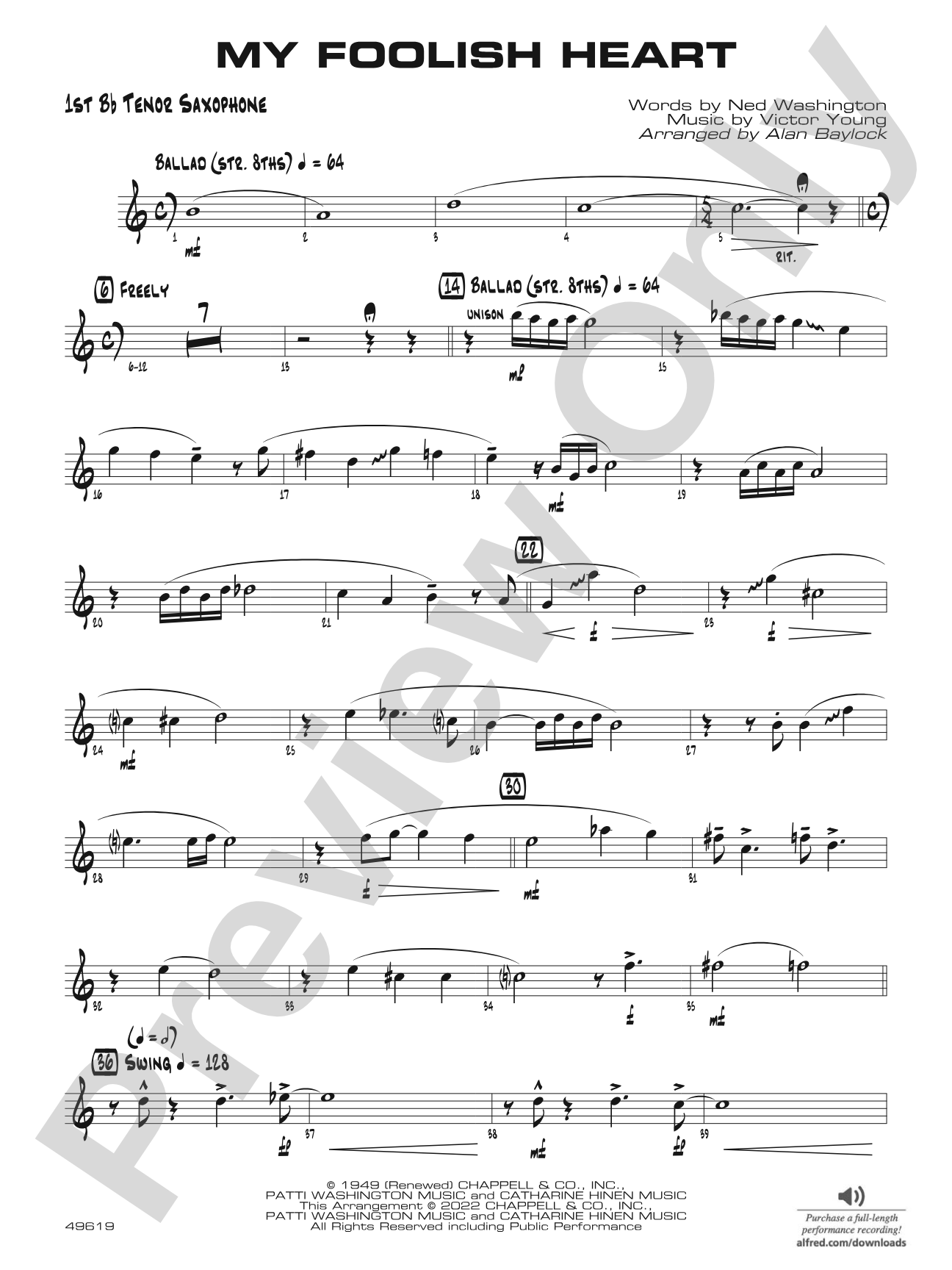 My Foolish Heart: B-flat Tenor Saxophone