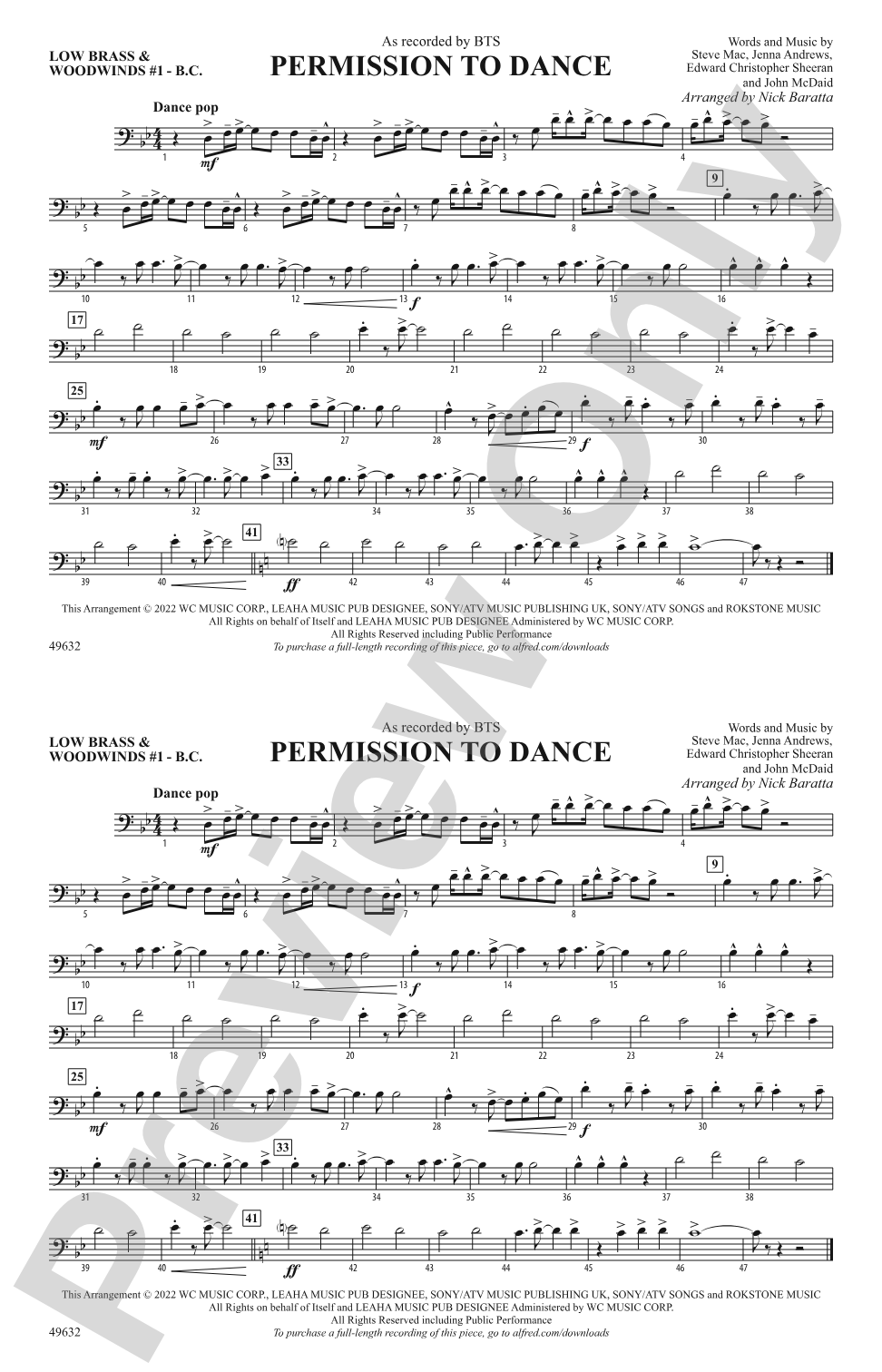 Permission to Dance: Low Brass & Woodwinds #1 - Bass Clef