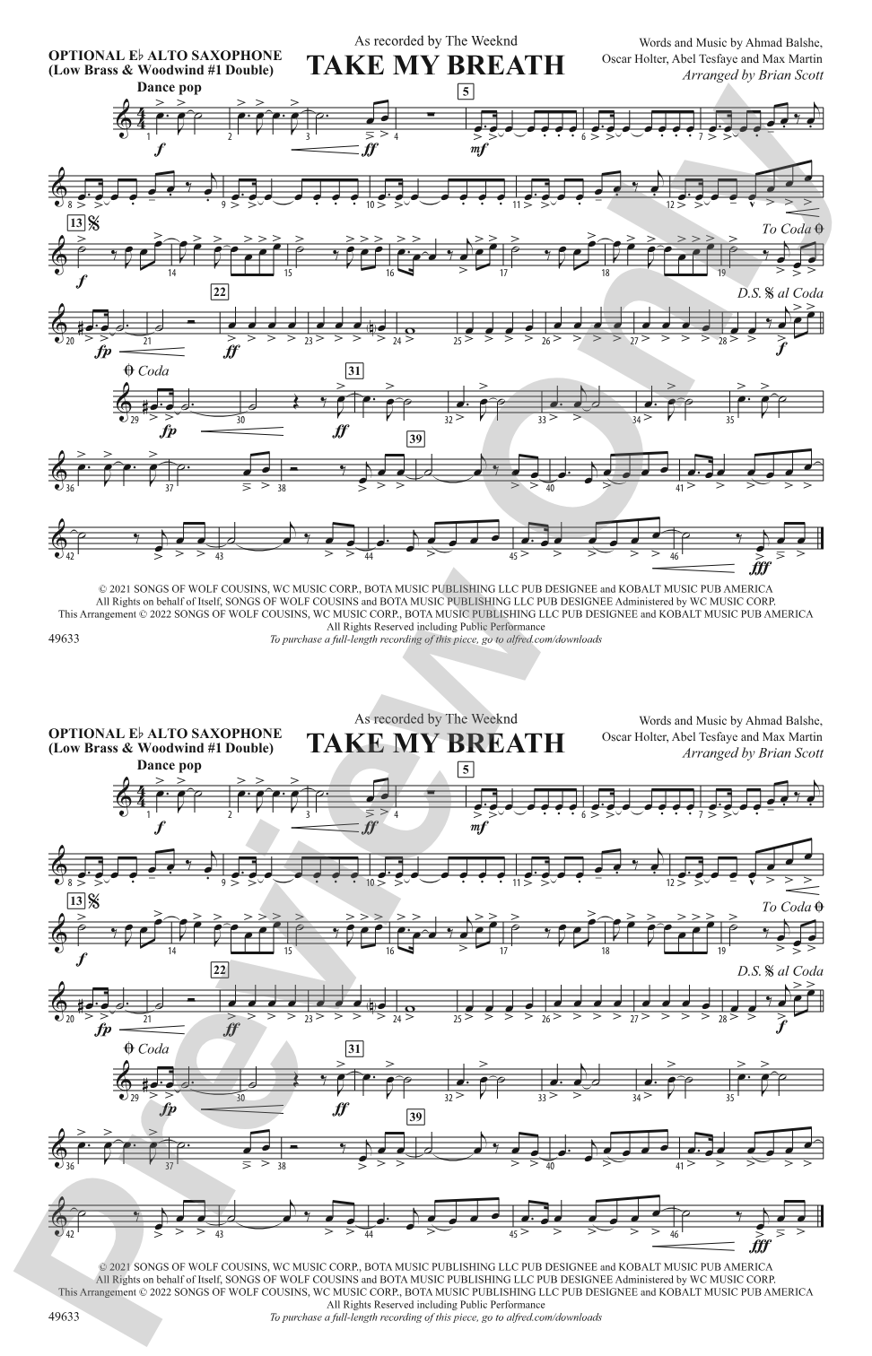 Take My Breath: Optional Alto Sax