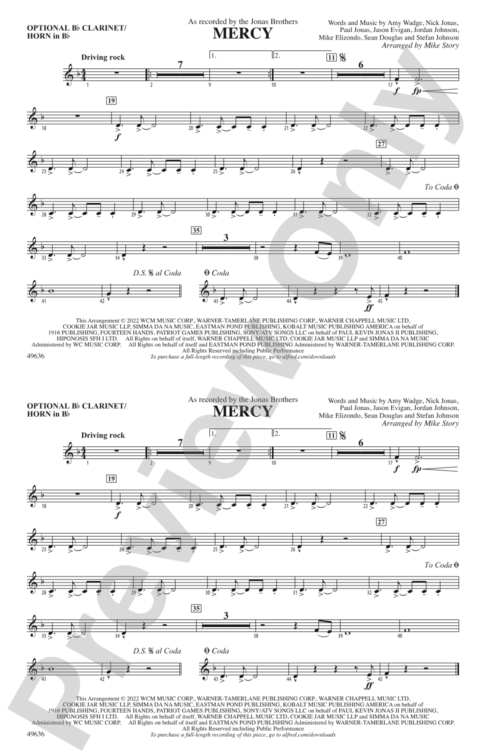 Mercy (From Space Jam: A New Legacy): Optional Bb Clarinet/Horn in Bb