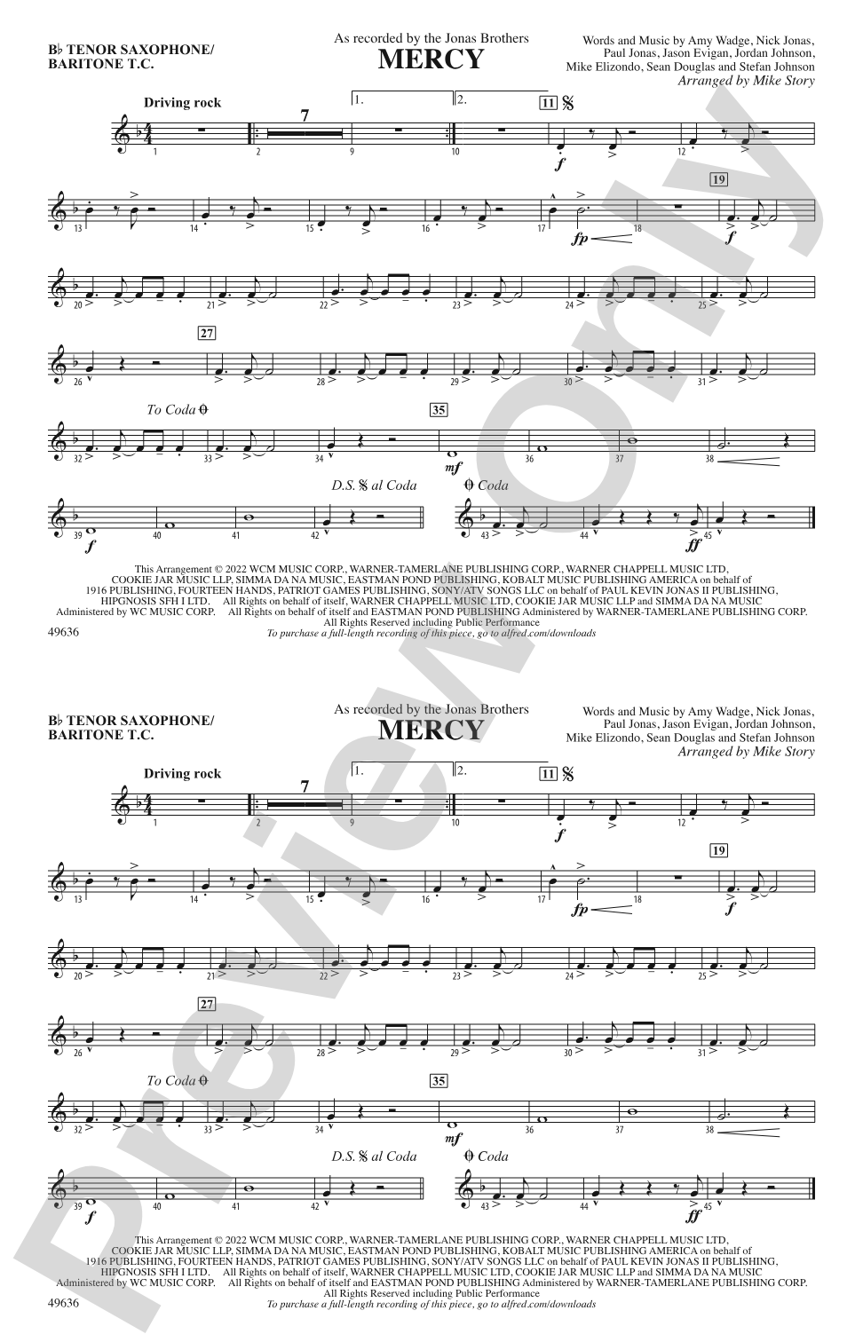 Mercy (From Space Jam: A New Legacy): Bb Tenor Saxophone/Bartione Treble Clef