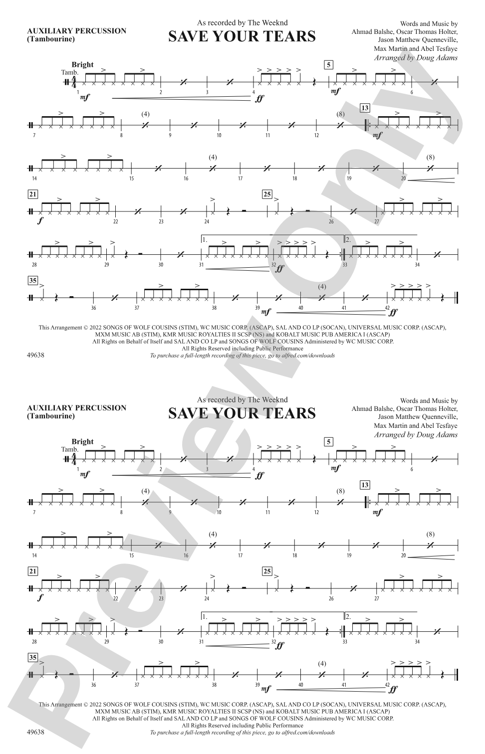 Save Your Tears: Auxiliary Percussion
