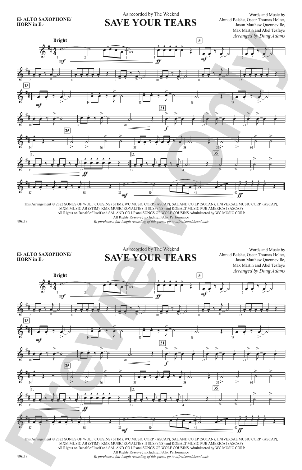 Save Your Tears: E-flat Alto Saxophone
