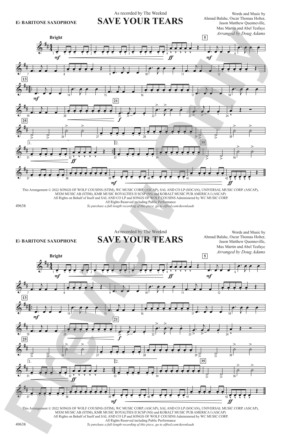 Save Your Tears: E-flat Baritone Saxophone