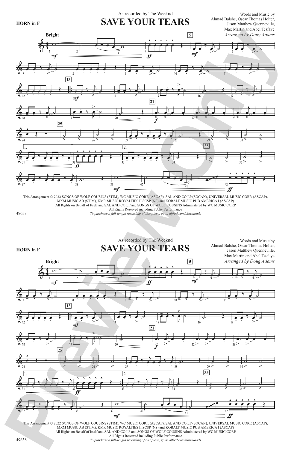 Save Your Tears: 1st F Horn