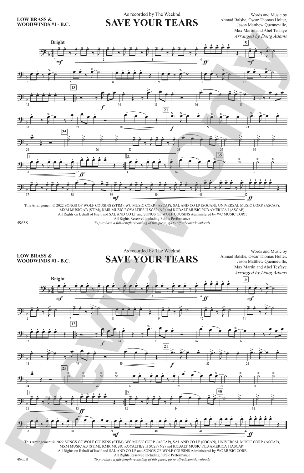 Save Your Tears: Low Brass & Woodwinds #1 - Bass Clef