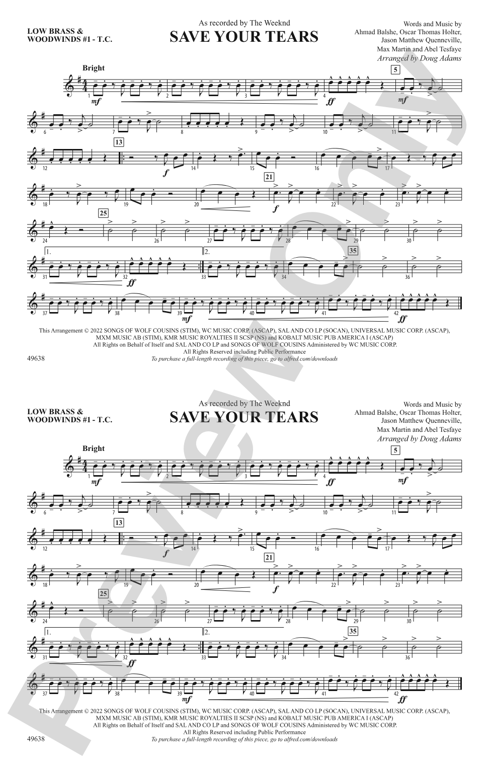 Save Your Tears: Low Brass & Woodwinds #1 - Treble Clef