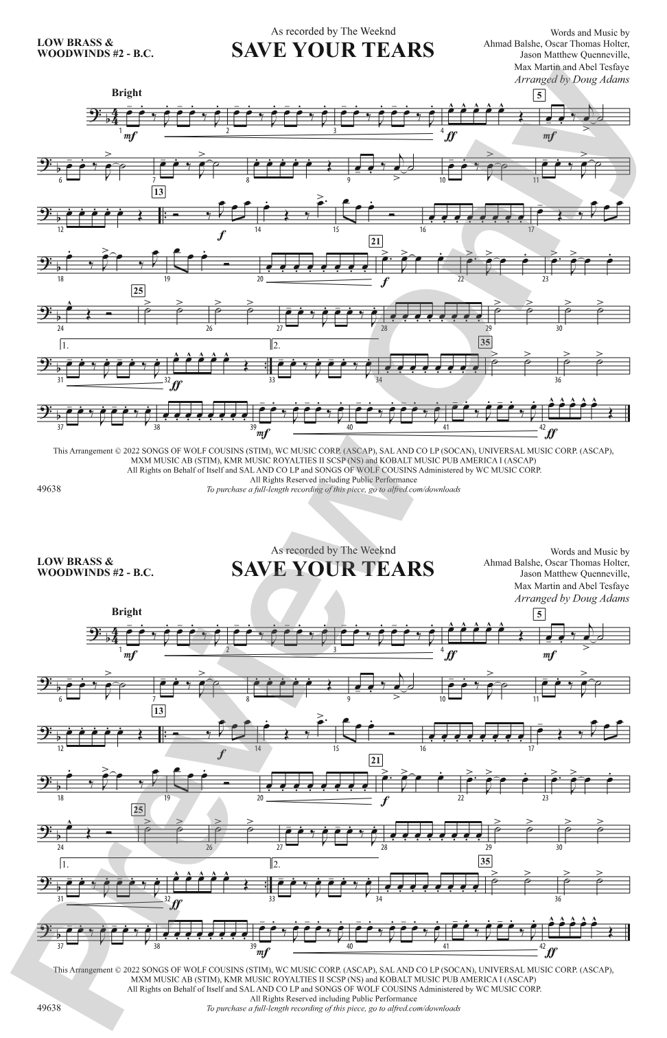 Save Your Tears: Low Brass & Woodwinds #2 - Bass Clef