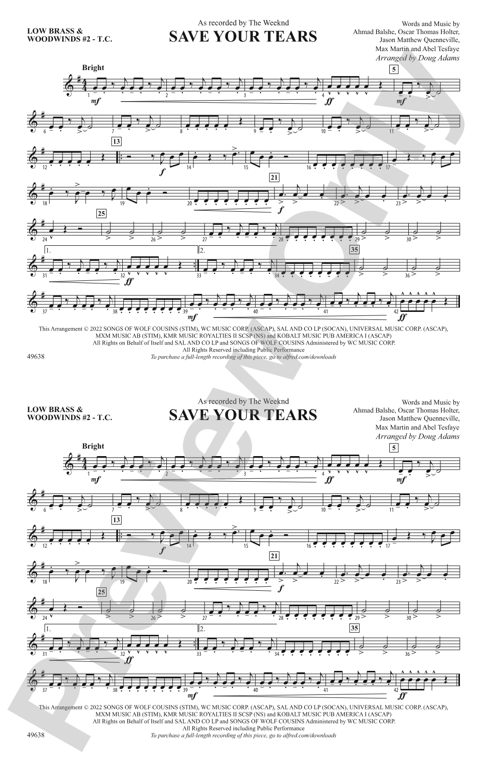 Save Your Tears: Low Brass & Woodwinds #2 - Treble Clef
