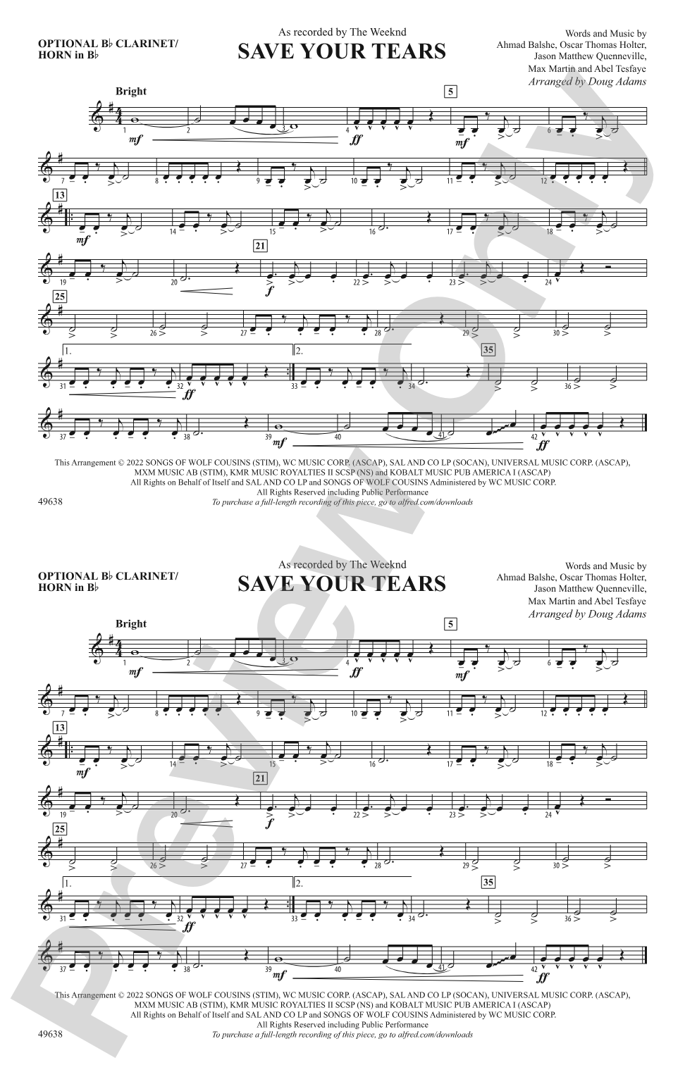 Save Your Tears: Optional Bb Clarinet/Horn in Bb