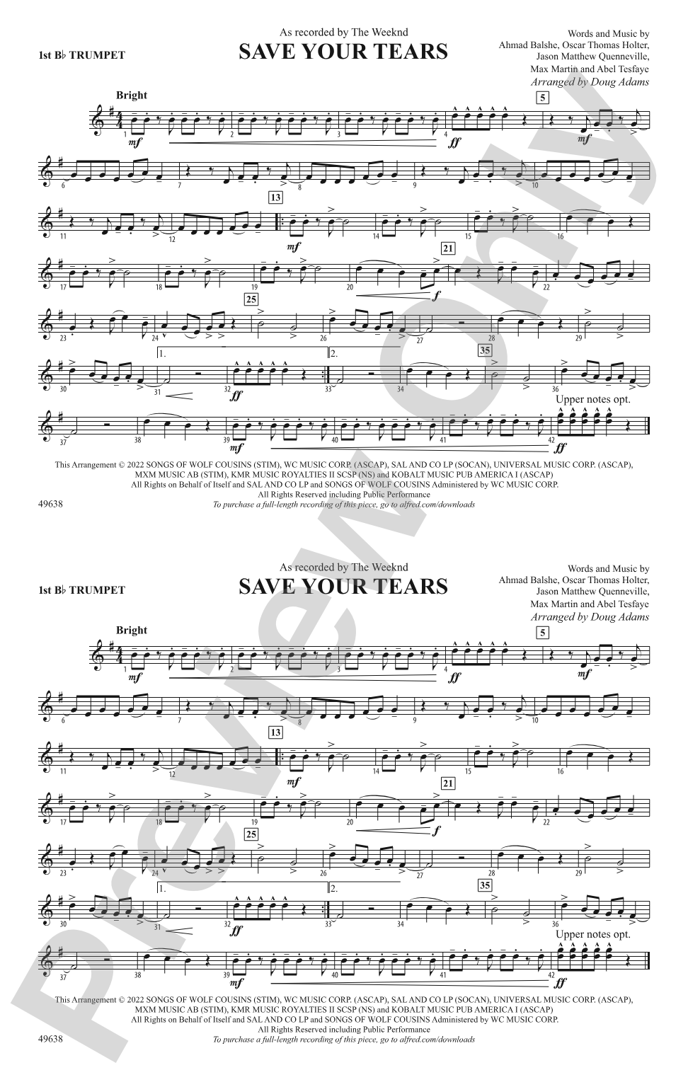Save Your Tears: 1st B-flat Trumpet