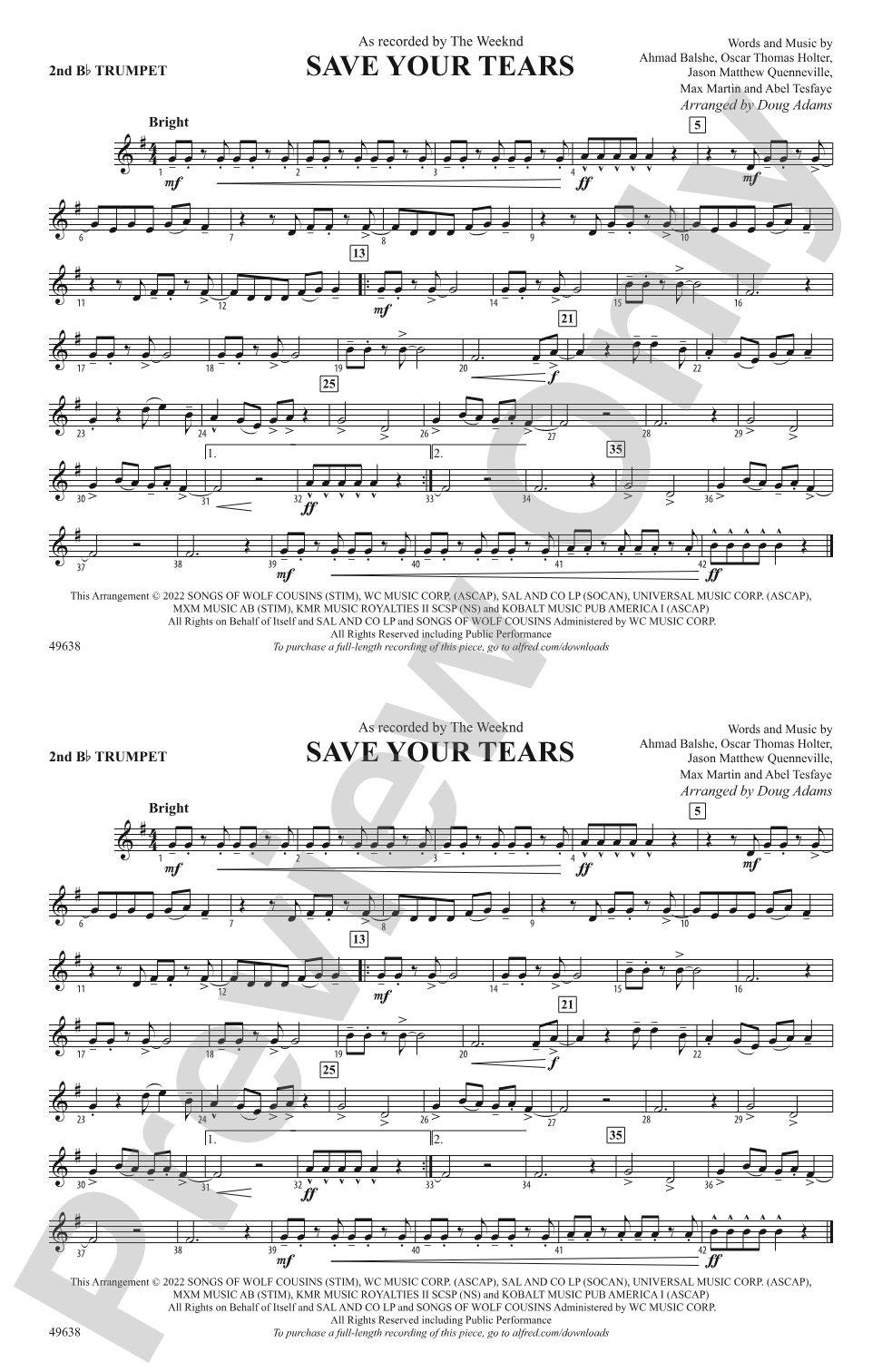 Save Your Tears: 2nd B-flat Trumpet
