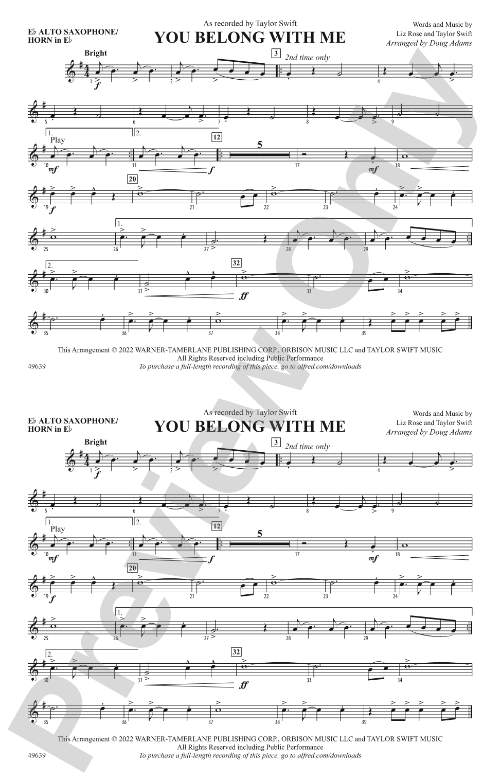 You Belong with Me: E-flat Alto Saxophone