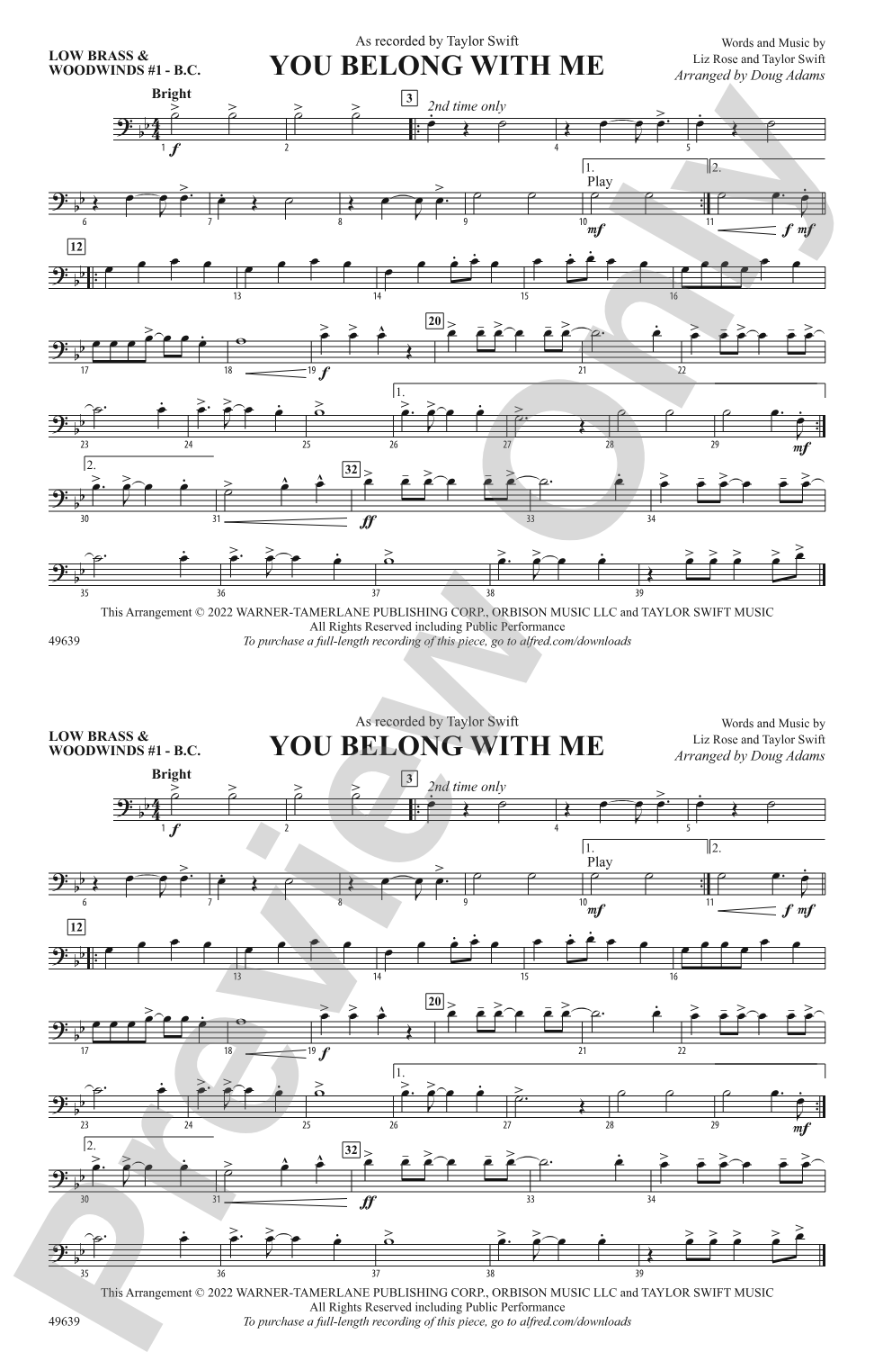 You Belong with Me: Low Brass & Woodwinds #1 - Bass Clef