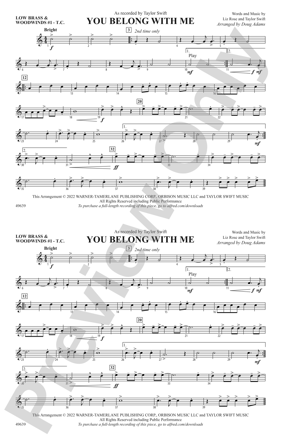 You Belong with Me: Low Brass & Woodwinds #1 - Treble Clef