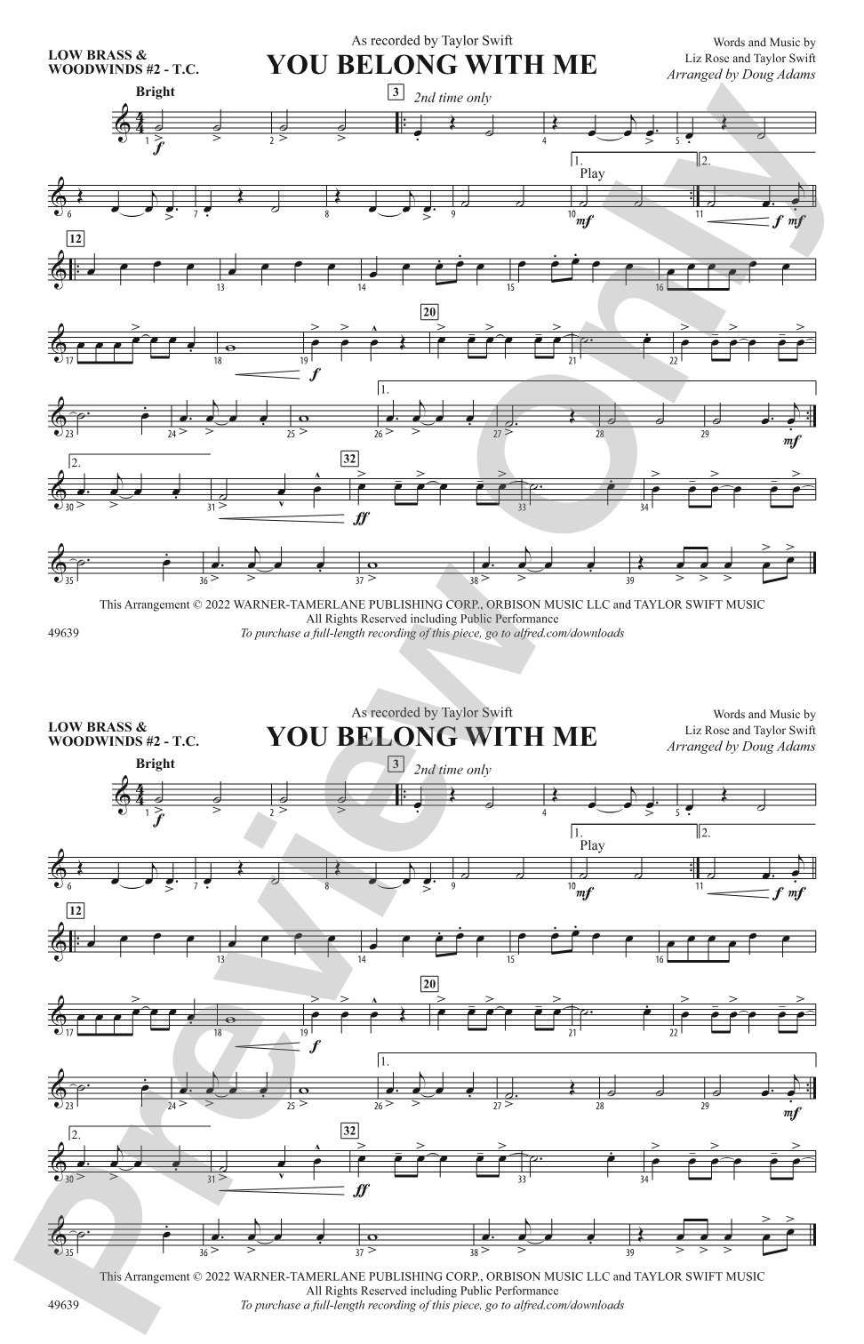 You Belong with Me: Low Brass & Woodwinds #2 - Treble Clef