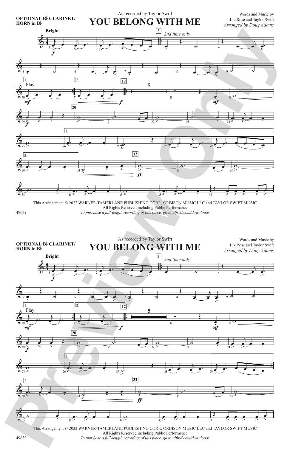 You Belong with Me: Optional Bb Clarinet/Horn in Bb