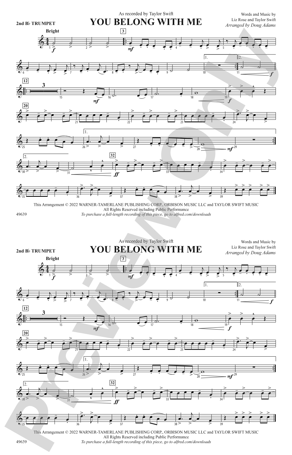 You Belong with Me: 2nd B-flat Trumpet
