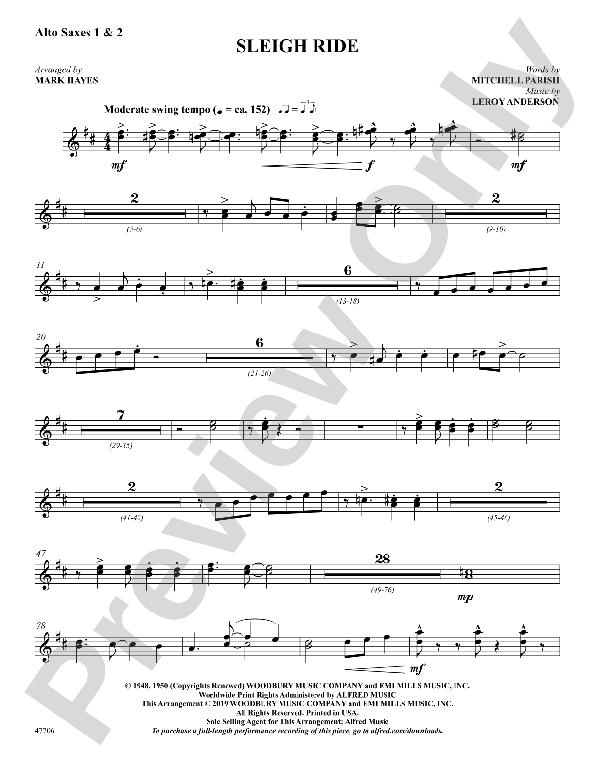 Sleigh Ride: 1st & 2nd E-flat Alto Saxophone