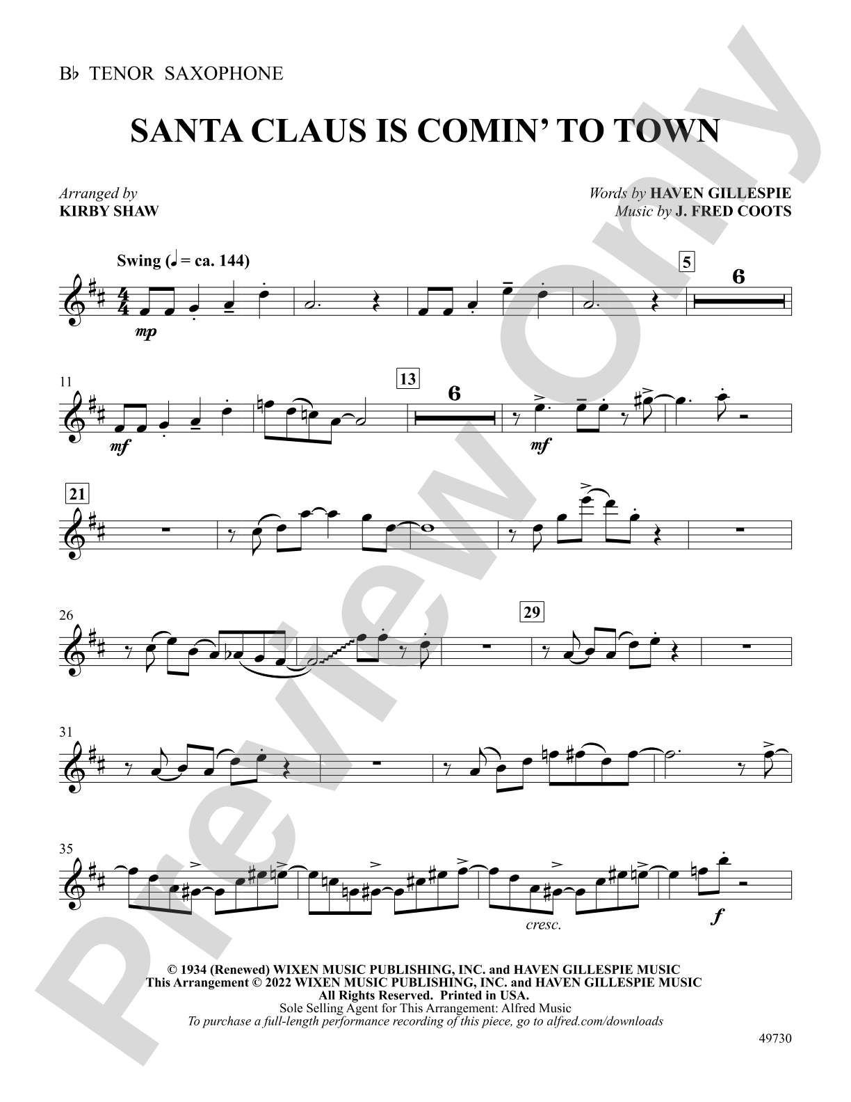 Santa Claus Is Comin' to Town: B-flat Tenor Saxophone