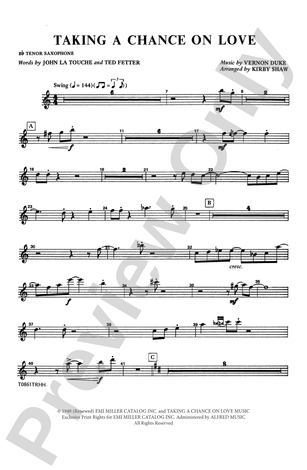 Taking a Chance on Love: B-flat Tenor Saxophone