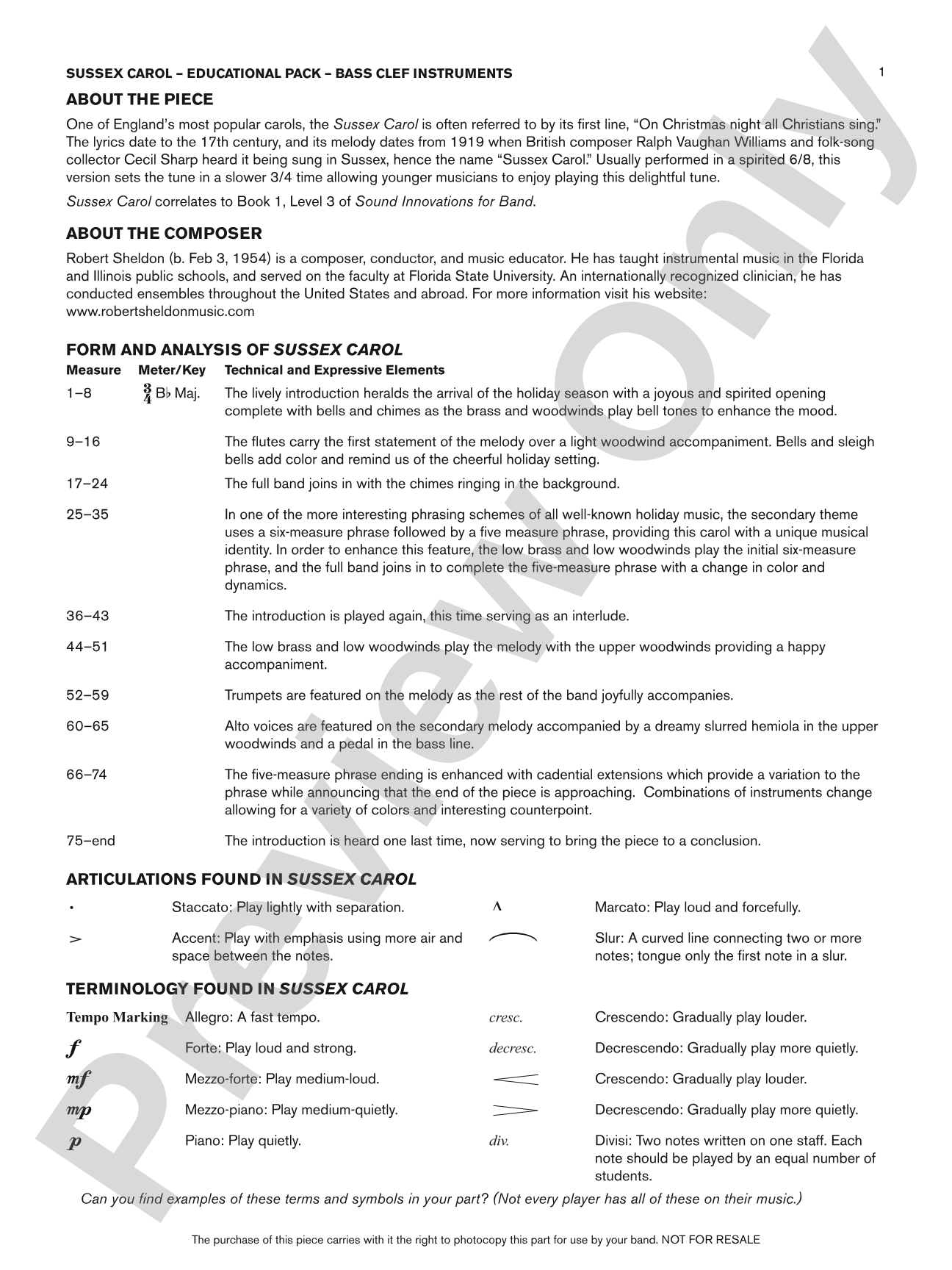 Sussex Carol: Bass Clef Educational Pack