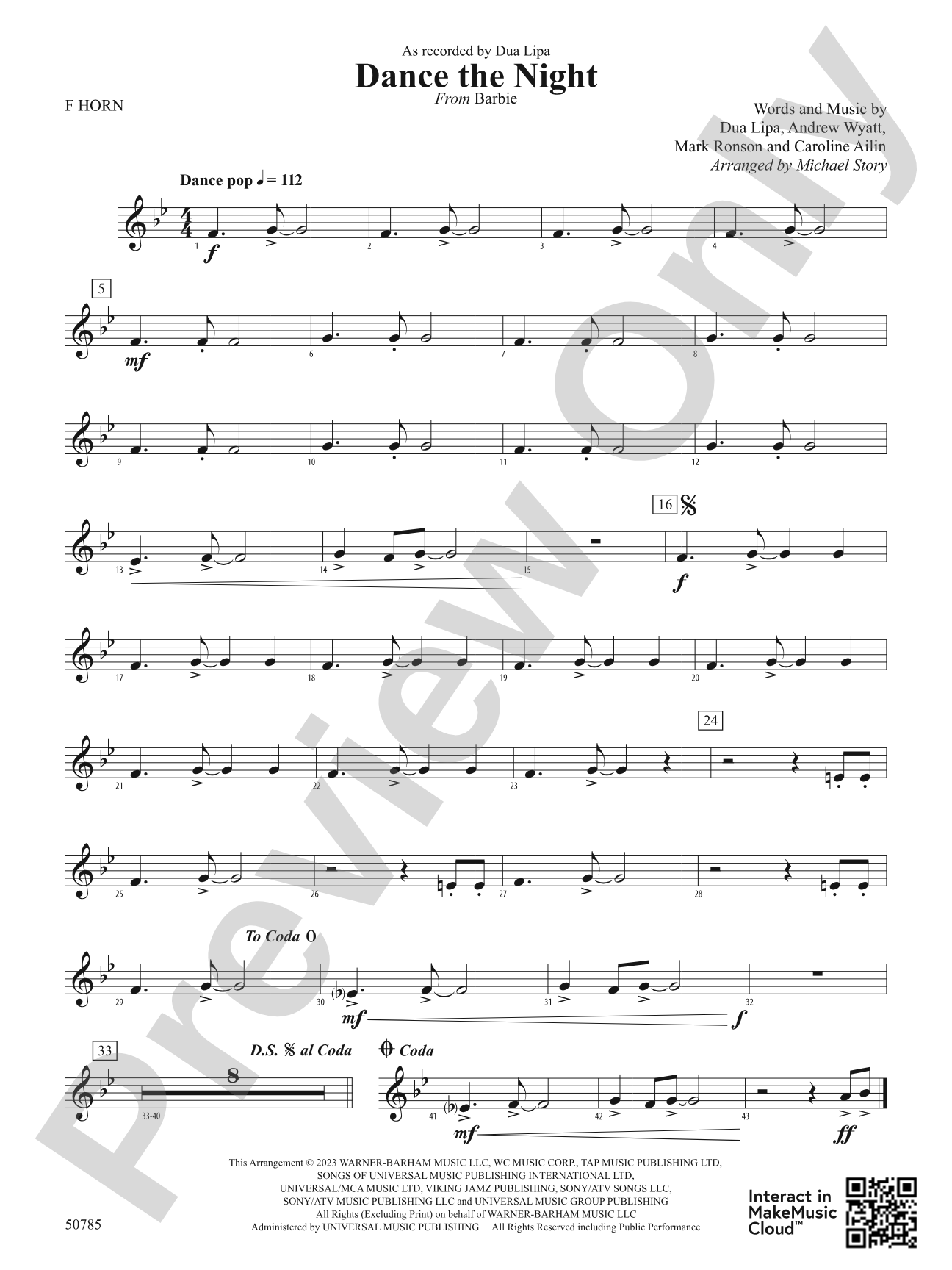 Dance the Night: 1st F Horn