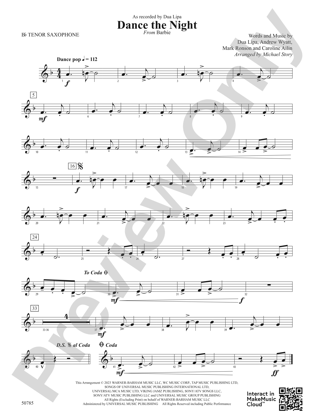 Dance the Night: B-flat Tenor Saxophone