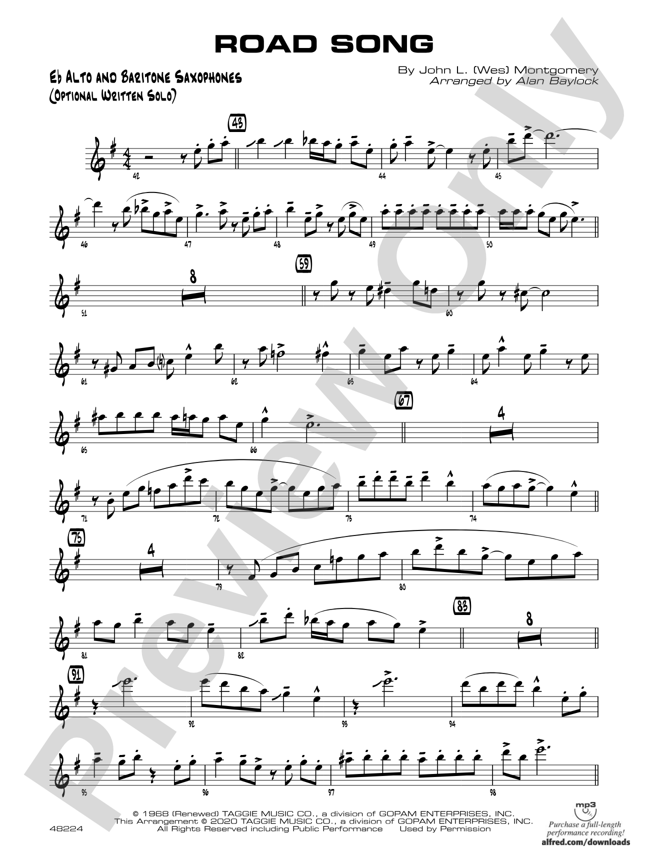 Road Song: Eb Alto Sax Optional Solo