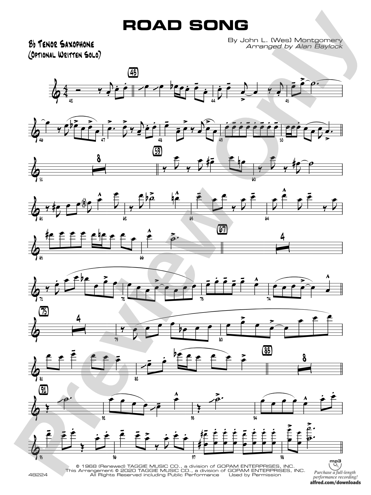 Road Song: Bb Tenor Sax Optional Solo