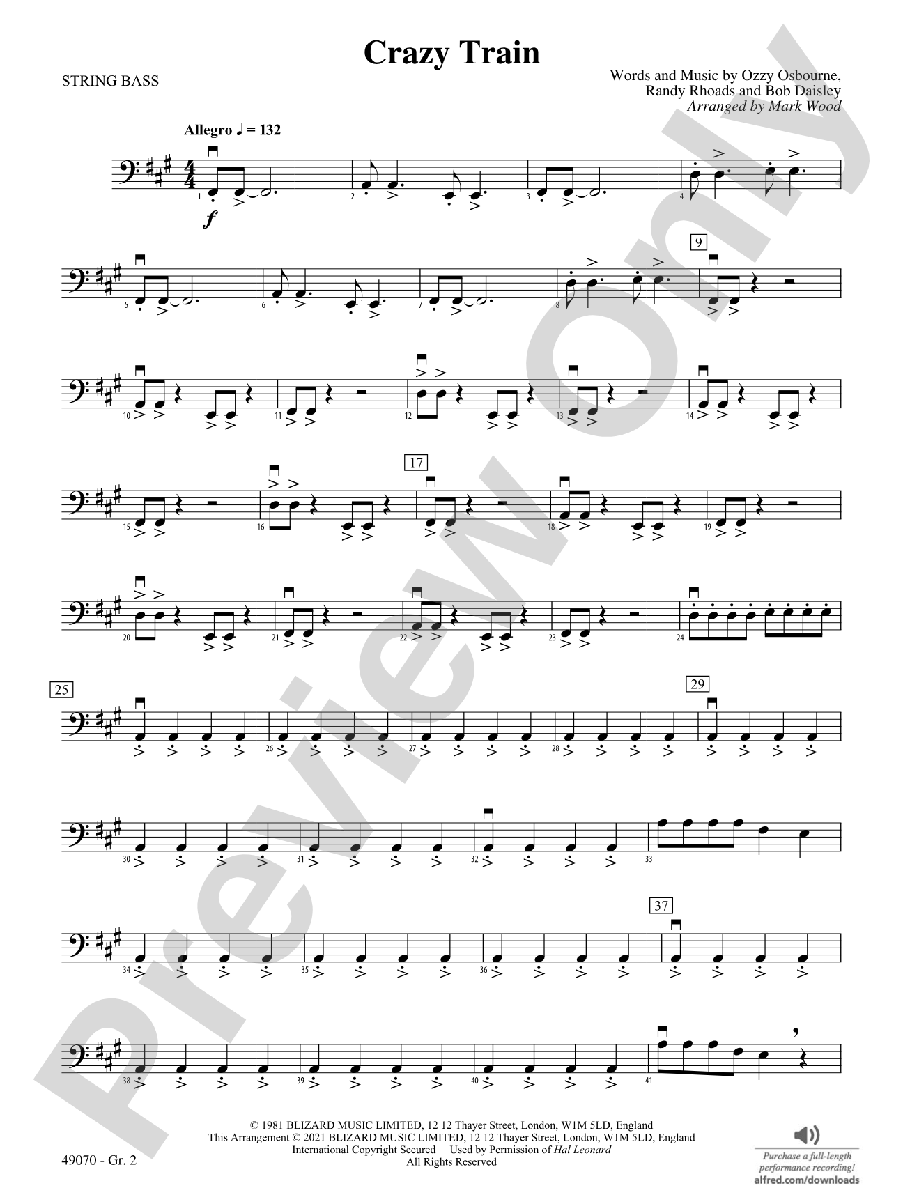Crazy Train: String Bass - Grade 2
