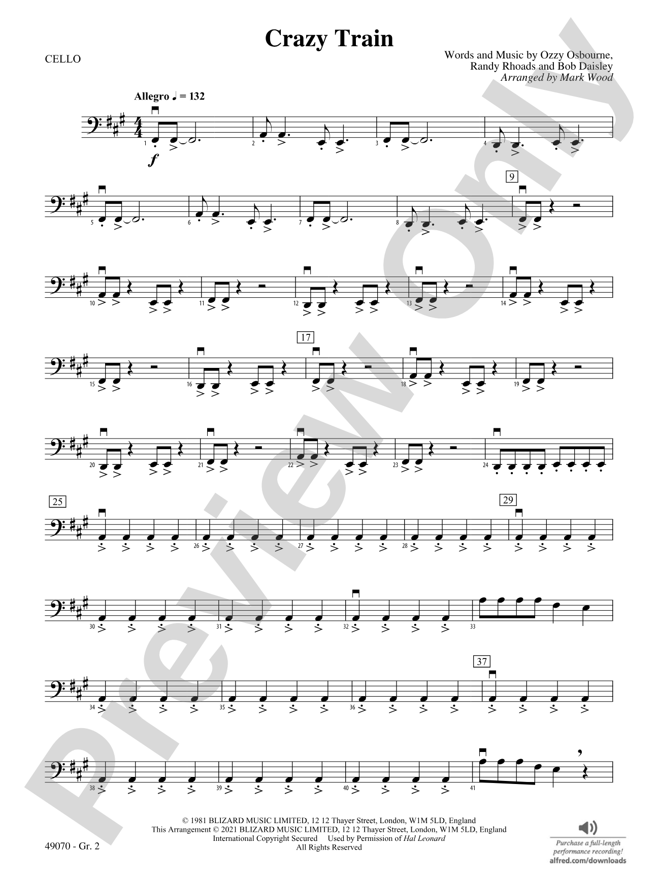 Crazy Train: Cello - Grade 2