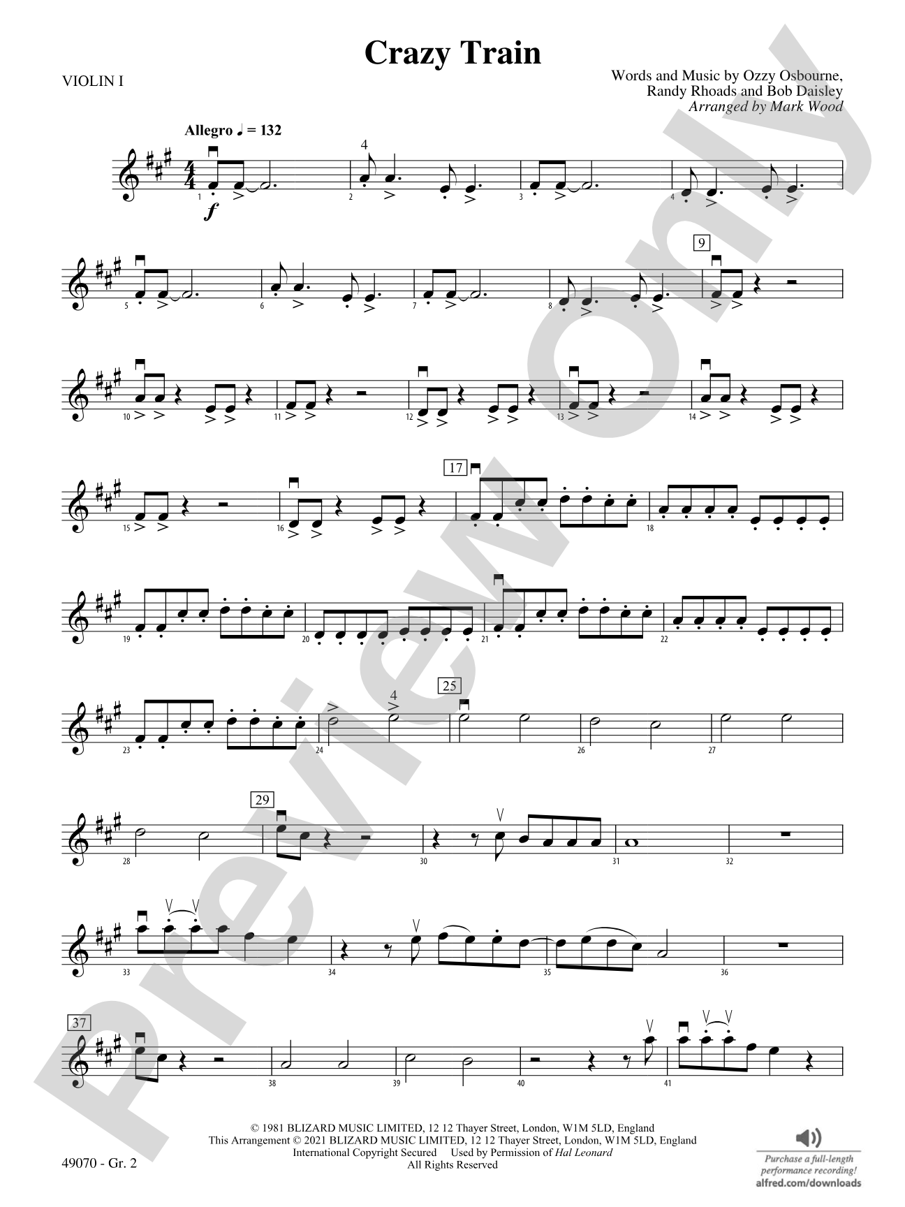 Crazy Train: Violin 1 - Grade 2
