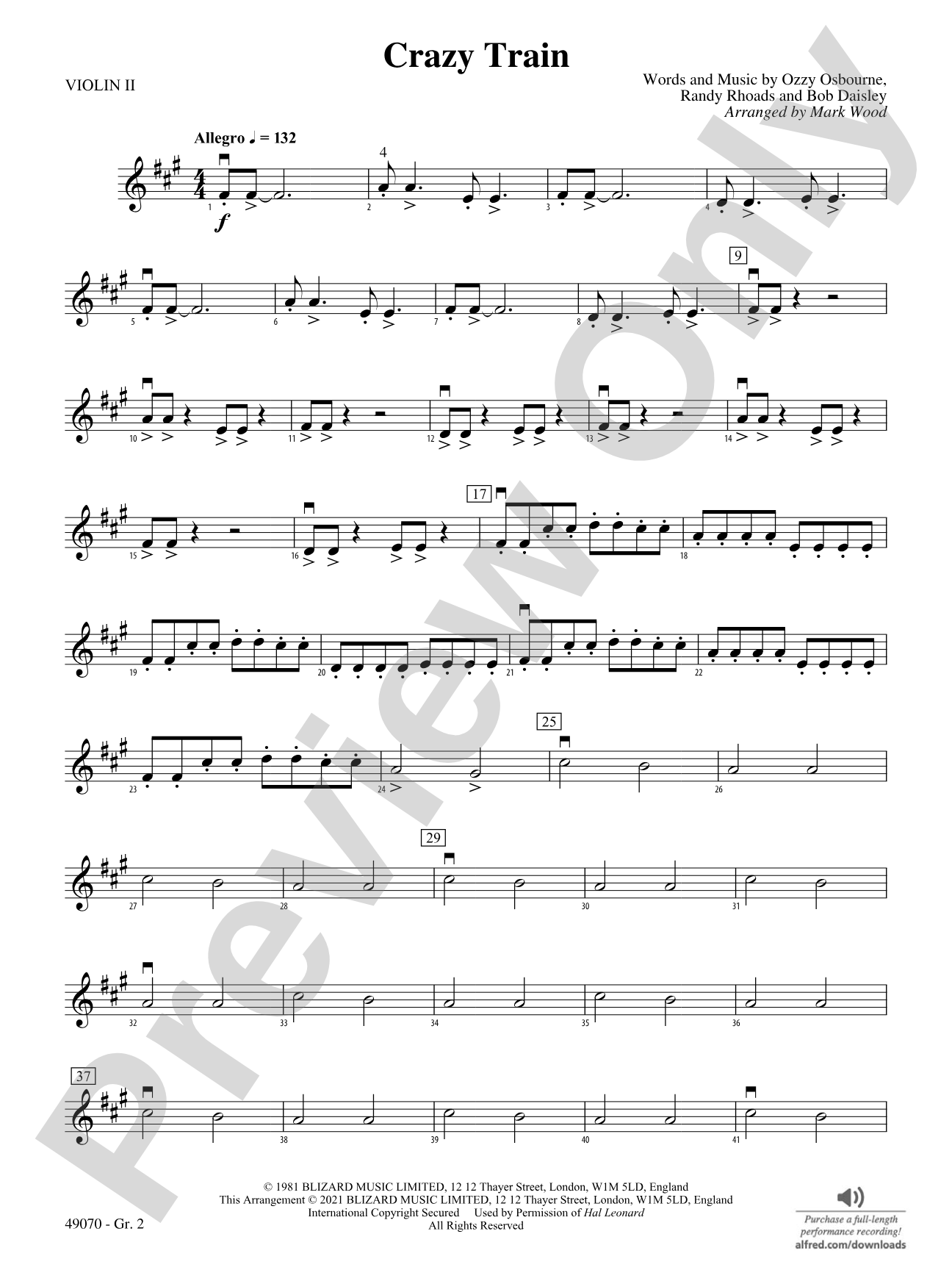 Crazy Train: Violin 2 - Grade 2