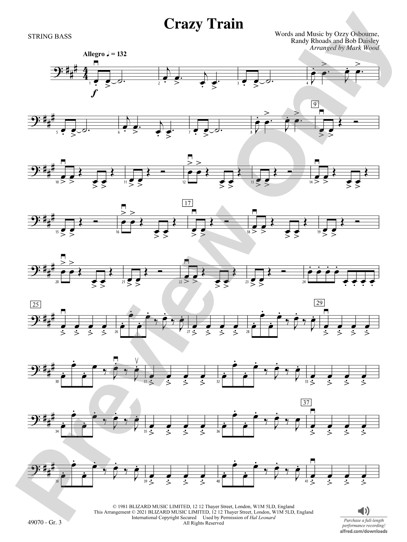 Crazy Train: String Bass - Grade 3