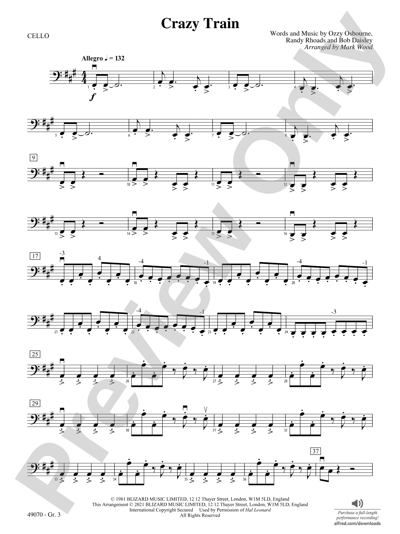 Crazy Train: Cello - Grade 3
