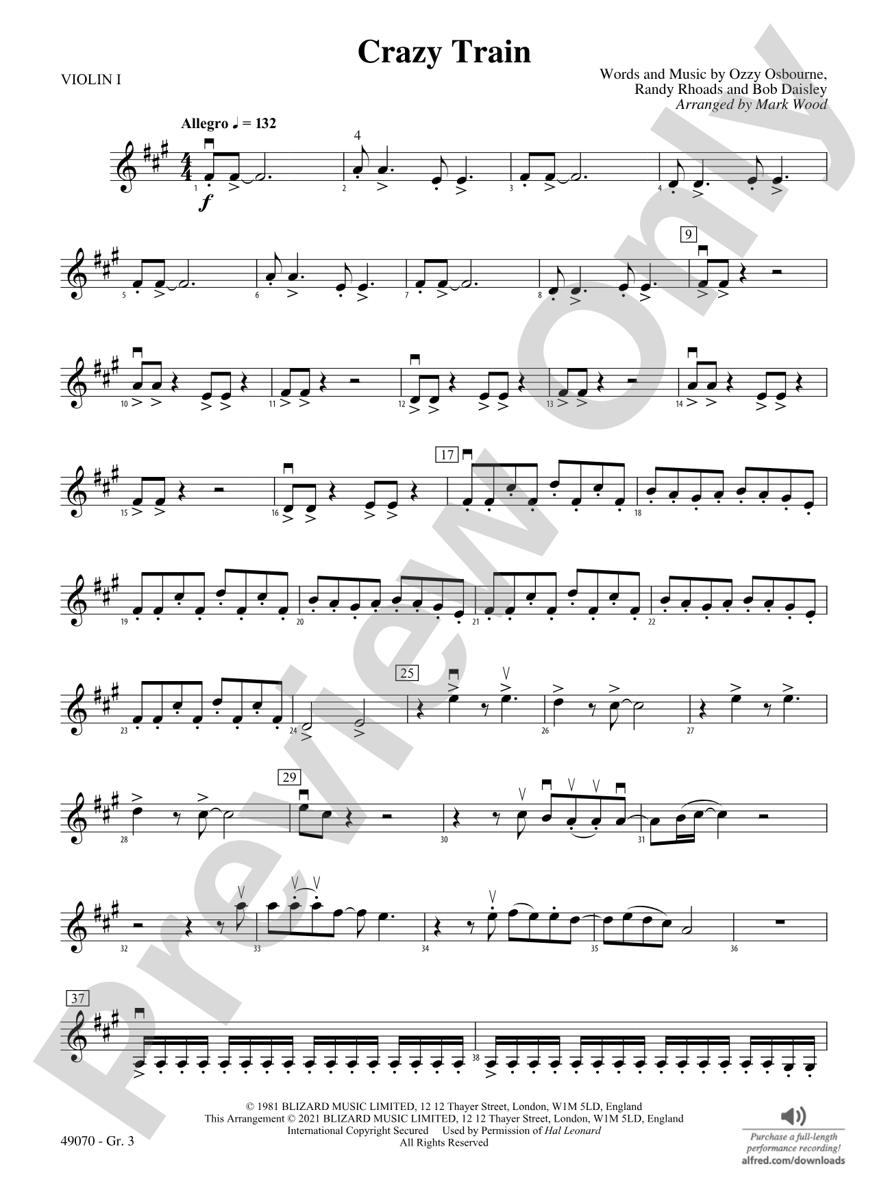 Crazy Train: Violin 1 - Grade 3