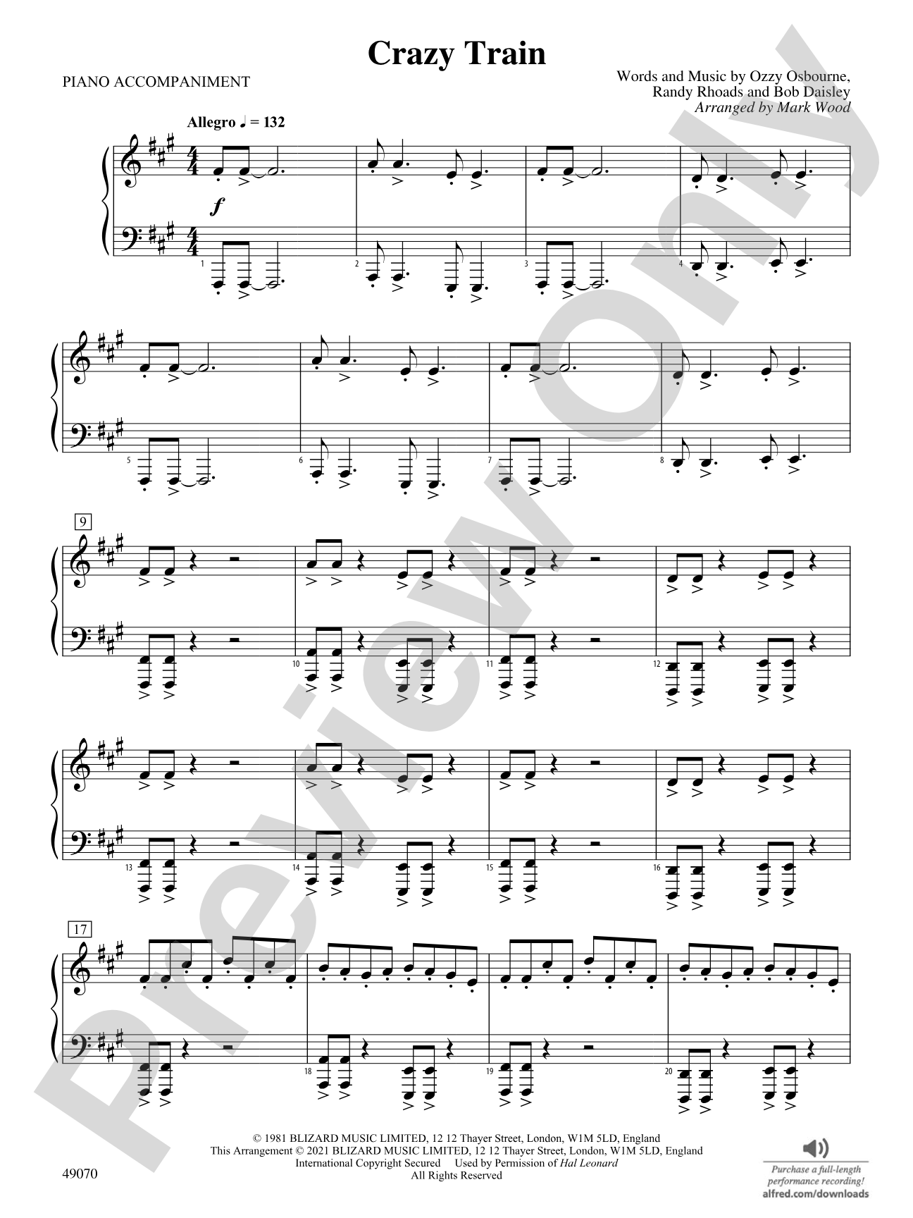 Crazy Train: Piano Accompaniment