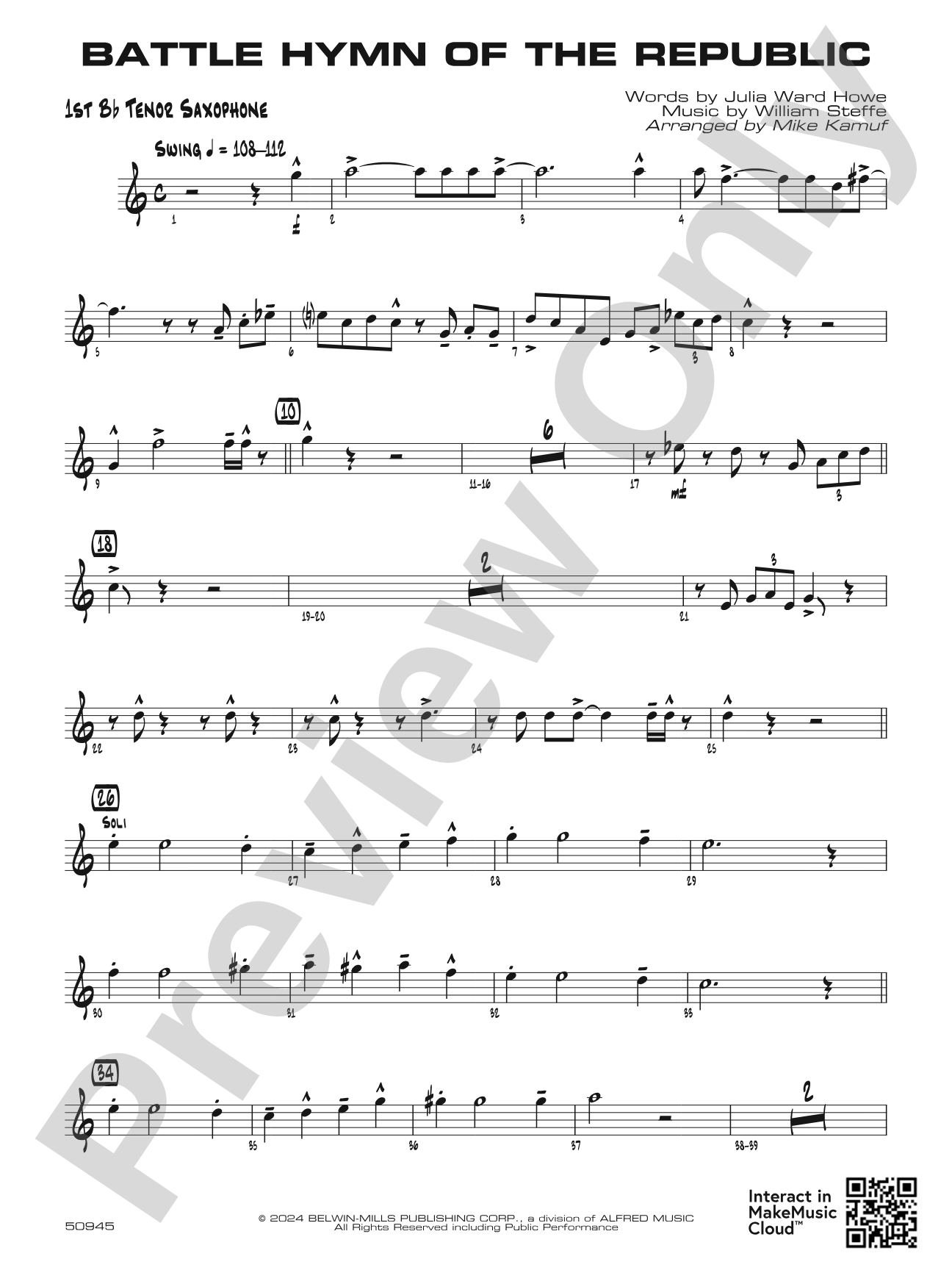 Battle Hymn of the Republic: B-flat Tenor Saxophone