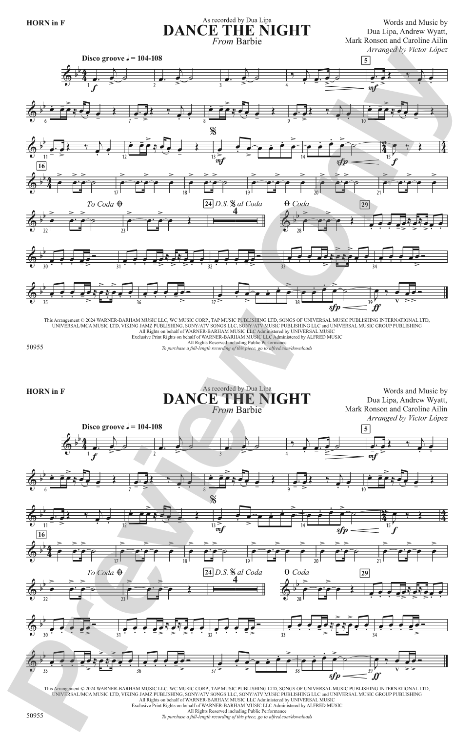 Dance the Night: 1st F Horn