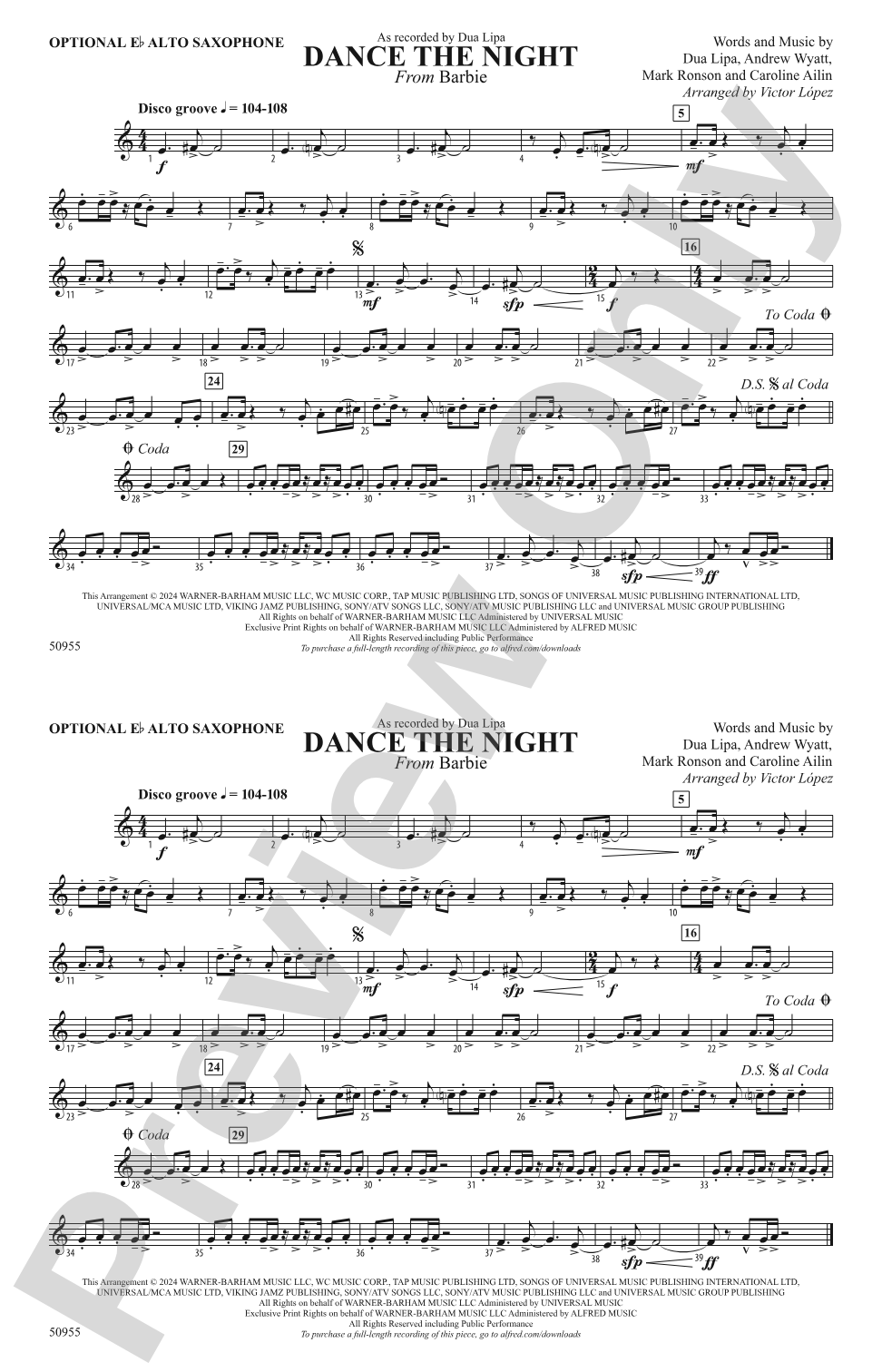 Dance the Night: Optional Alto Sax