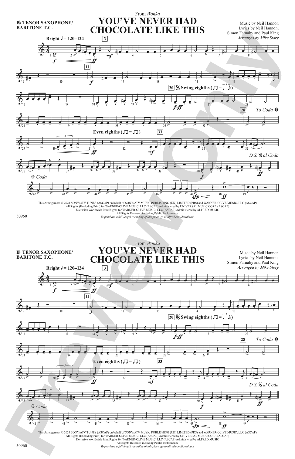 You've Never Had Chocolate Like This: Bb Tenor Saxophone/Bartione Treble Clef